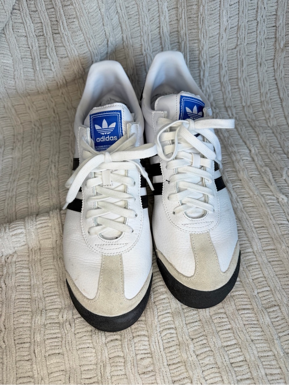 adidas White Sneakers with Black Stripes and Blue Tongue Logo